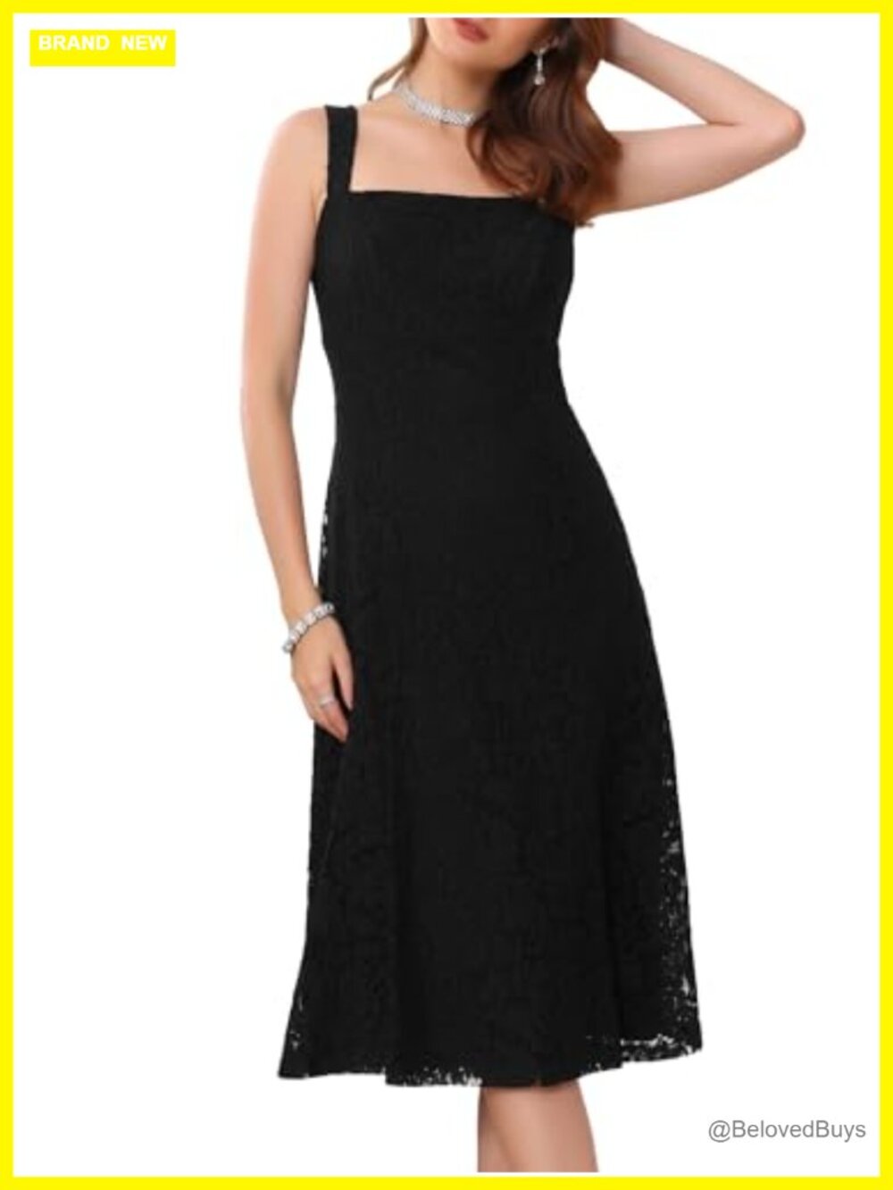 Lace Square Neck Sleeveless Midi Prom Formal Cocktail Dress